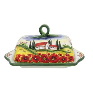 Mantequera de cerámica italiana con paisaje toscano y amapolas, cerámica florentina pintada a mano, hecha en Italia.
