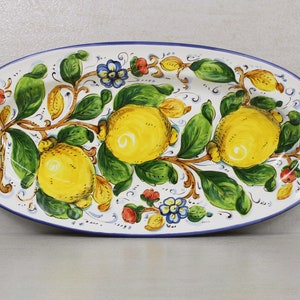 Italian Ceramic Oval Serving Tray and Wall Plate Tuscan Lemons and Flowers pattern