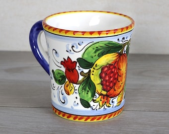 Italian Ceramic Mug Pomegranate and Flowers pattern, tuscan collection, Glass, Cup