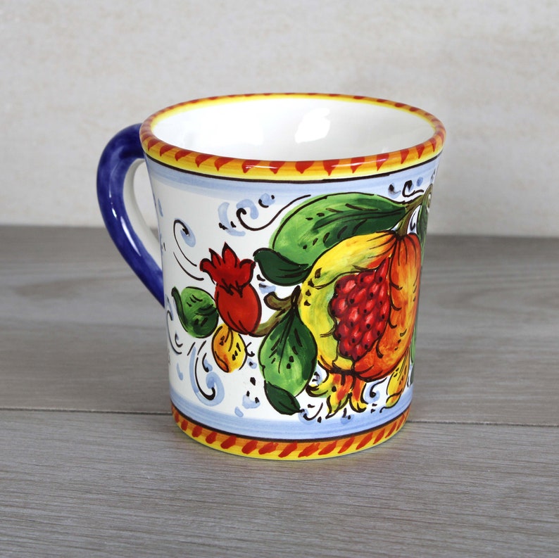 Italian Ceramic Mug Pomegranate and Flowers pattern, tuscan collection, Glass, Cup image 1