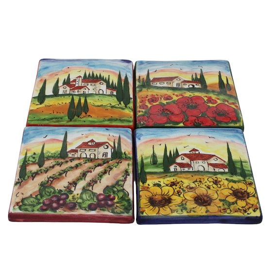 Italian Ceramic wall Tiles  handpainted 4 Tuscan Views