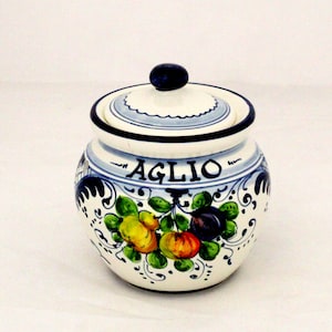 Italian Ceramic Garlic Jar Tuscan &quot;Fruttina&quot; blue pattern Tuscan Pottery &quot;holder&quot; Made in Italy