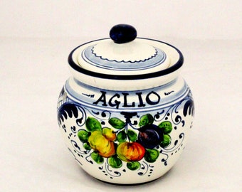 Italian Ceramic Garlic Jar Tuscan "Fruttina" blue pattern Tuscan Pottery "holder" Made in Italy