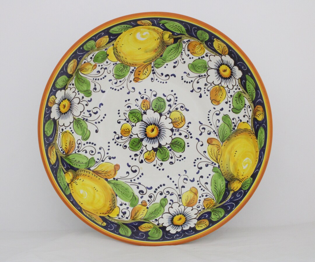 Italian Ceramic Serving Bowl Centerpiece Lemons and Flowers Tuscan