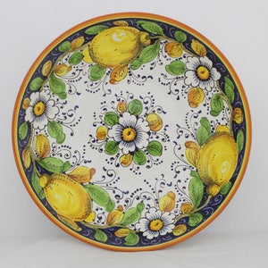 Italian Ceramic Serving Bowl- Centerpiece Lemons and Flowers Tuscan pattern on blue Italian Pottery