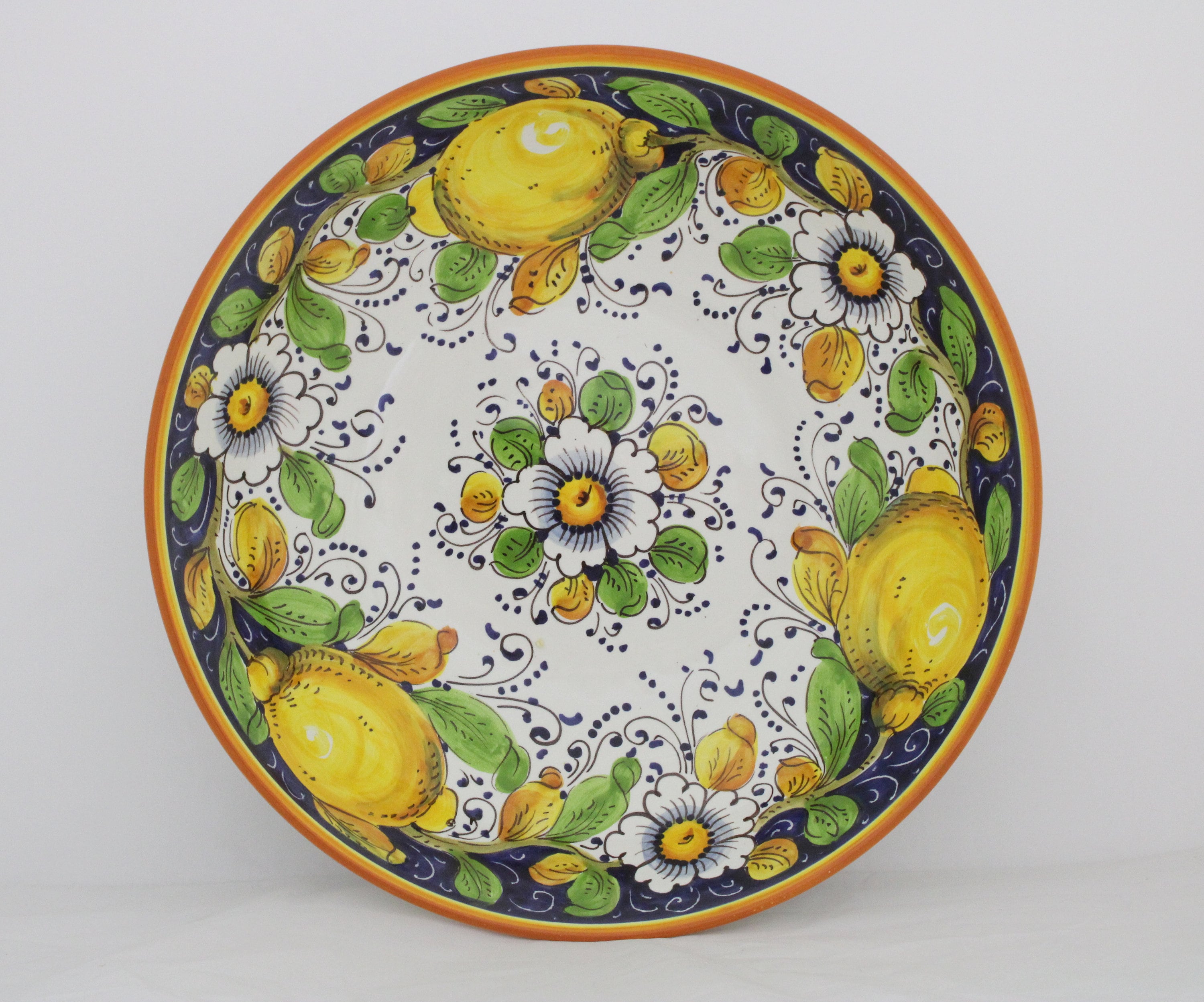 Bol de service en céramique italienne Pièce maîtresse Citrons et fleurs  motif toscan sur poterie italienne blanche -  France