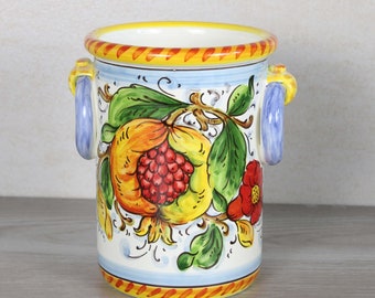 Italian ceramic Utensil Holder and Wine Cooler Tuscan pattern "Pomegranate and Flowers" Handmade in Italy