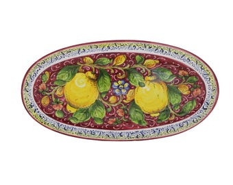 Handmade Italian Ceramic Oval Serving Tray & Wall Plate – Tuscan Lemons and Flowers on Red, Hand Painted Florentine Pottery, Made in Italy