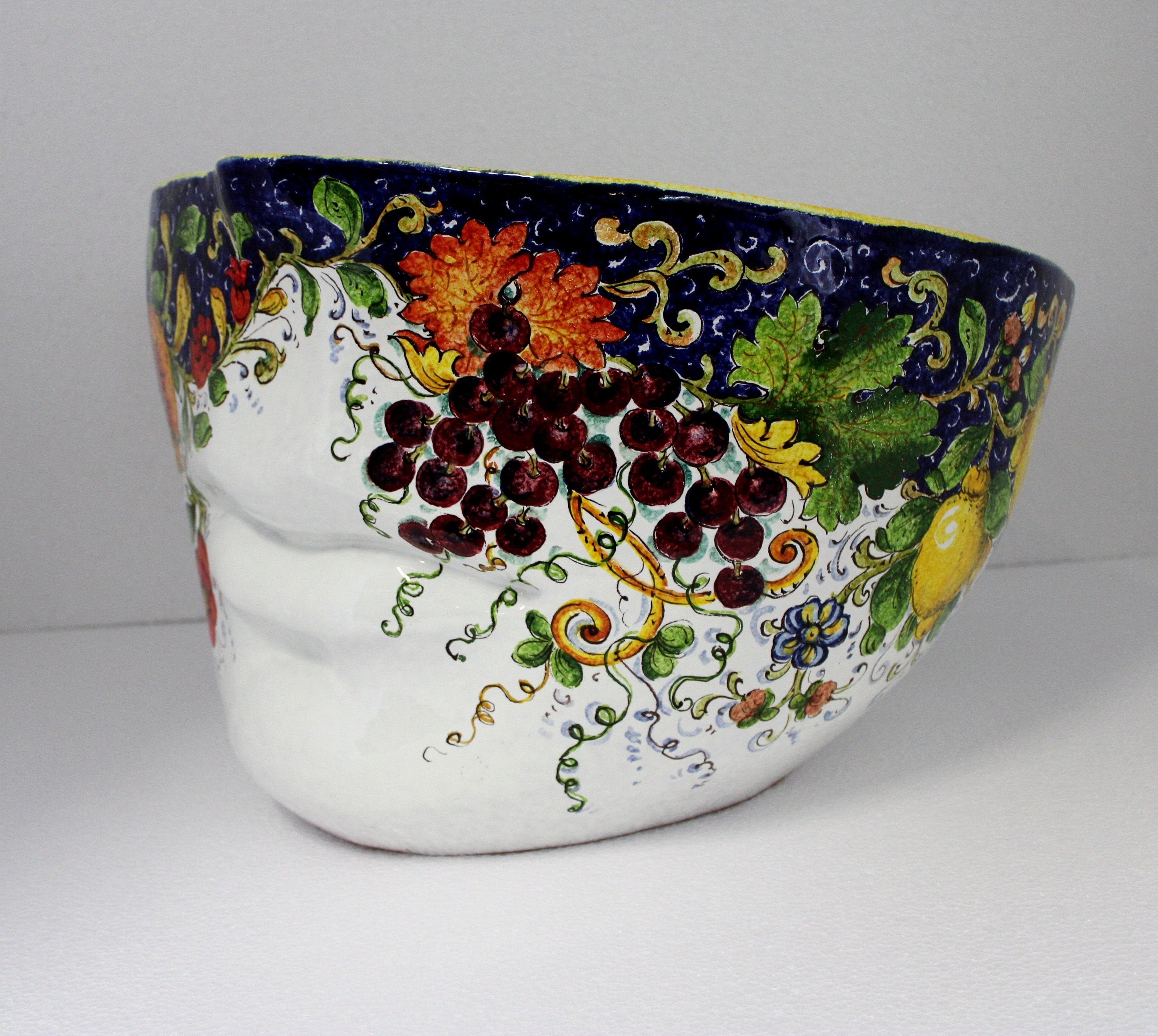 ITALIAN ceramic CACHEPOT "FACE" Unique Piece Mixed Fruit pattern Italian Pottery Art