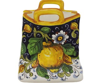 Bolsa porta utensilios de cerámica italiana hecha a mano – Limón toscano sobre azul – Cerámica florentina pintada a mano
