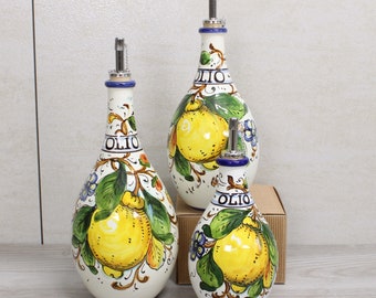 Italian Ceramic  Oil Cruet, olive oil bottle Florentine pattern "Lemon and flower" oliera  made in Italy
