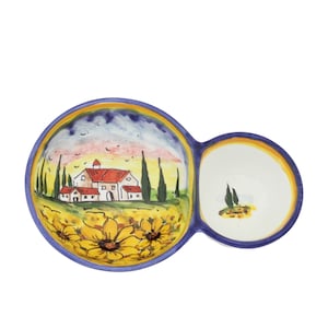 Italian Ceramic Olive Tray, Sunflowers Tuscan Landscape, Hand Painted Olive Dish and Olive Pit Bowl, Handmade in Italy