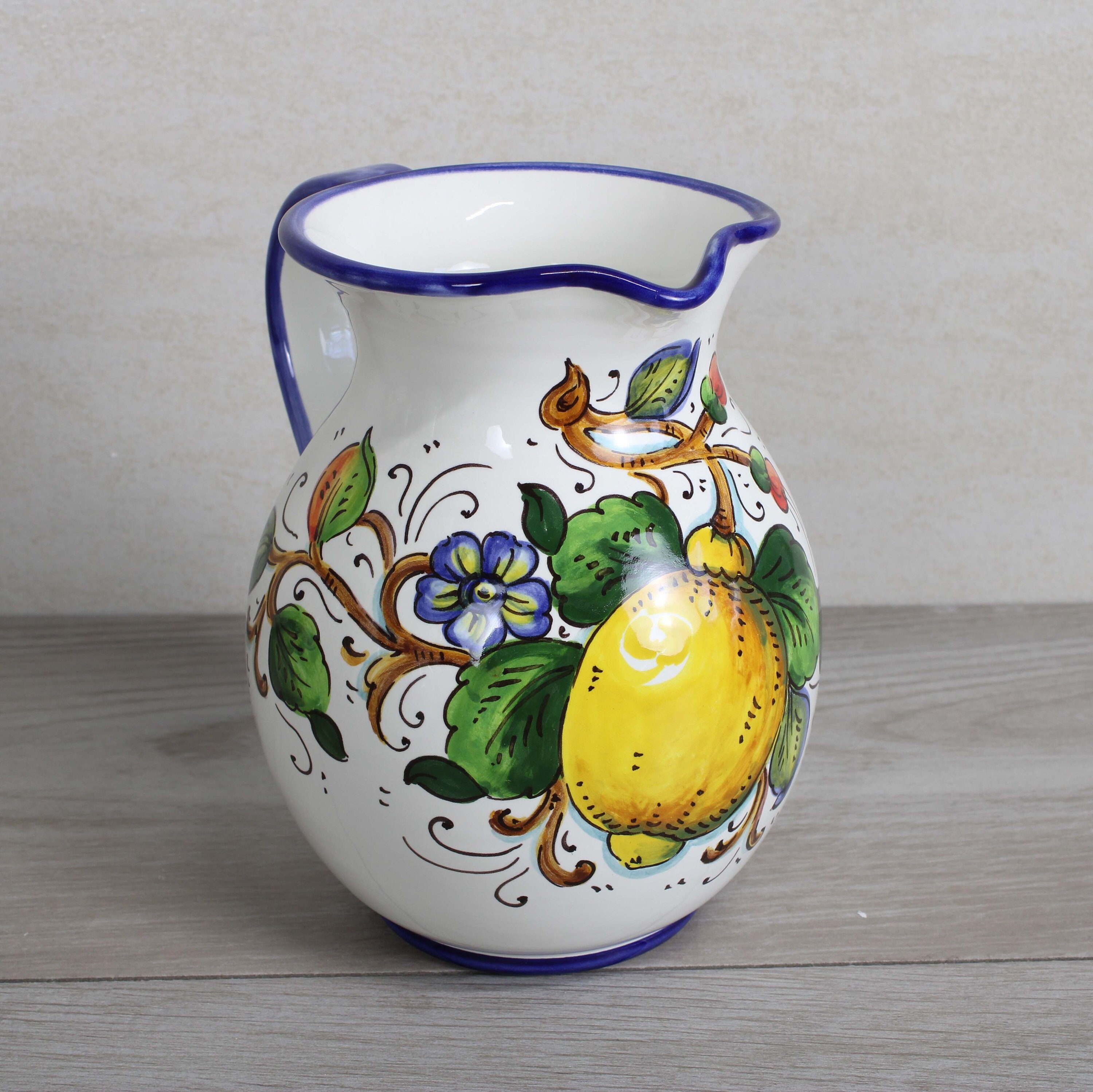 Italian Ceramic Pitcher Lemons and Flowers Pattern Wine and Water