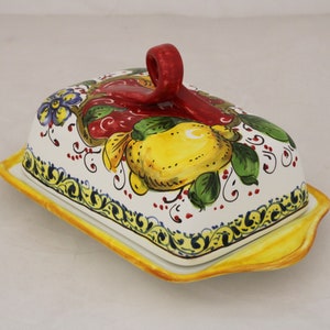 Italian ceramic butter dish Tuscan pattern Lemon on red Handmade in Florence, Italian pottery butter dish