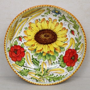 Servierschale aus italienischer Keramik – Tafelaufsatz „Sonnenblumen und Mohnblumen“, toskanisches Dekor, hergestellt in Italien