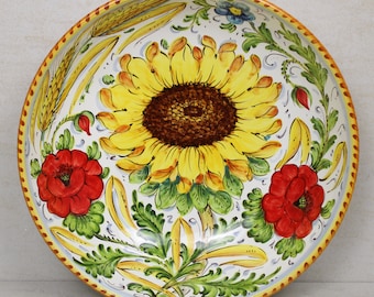 Italian ceramic SERVING BOWL- Centerpiece "Sunflowers and Poppies" Tuscan decoration Made in Italy