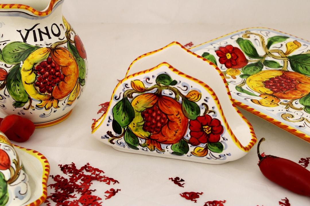 Italian Ceramic Napkin Holder Handpainted pomegranate Pattern Lucky