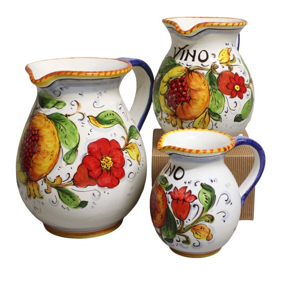イタリア製 花柄大花瓶 Made in Italy 花器 WWTT 362 Italian Ceramic Pitcher Pomegranate and Flowers Hand Painted