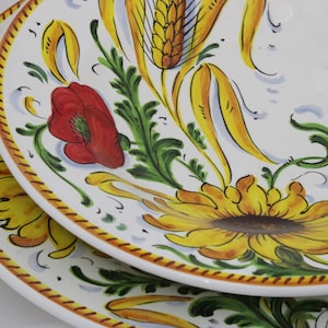Conjunto de pratos de cerâmica italiana (1 prato de salada, 1 prato de jantar, 1 tigela de macarrão) Pratos pintados à mão com girassóis, papoulas e padrão de vegetação da Itália