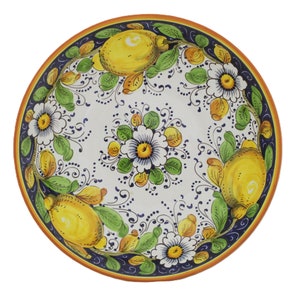 Italian Ceramic Serving Bowl- Centerpiece Lemons and Flowers Tuscan pattern on blue Italian Pottery