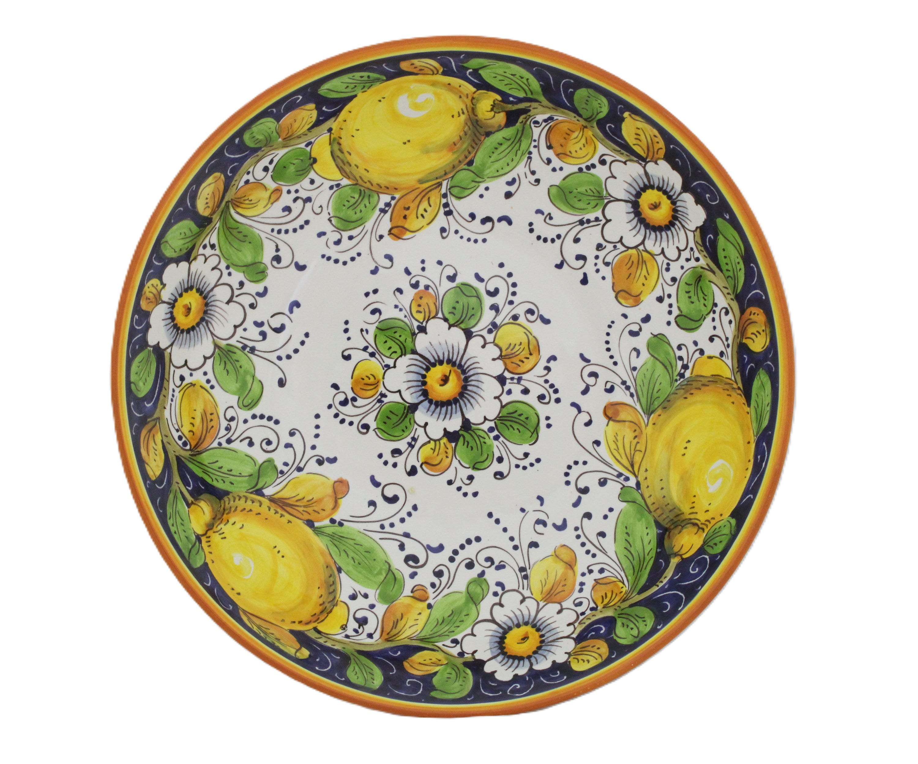 Italian Ceramic Serving Bowl- Centerpiece Lemons and Flowers Tuscan pattern on blue Italian Pottery