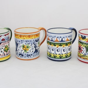 Italian Ceramic Mugs Geometric pattern 4 items, tuscan collection artistic pottery, mugs made in Italy