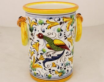 Italian ceramic Utensil Holder and Wine Cooler Tuscan pattern "Birds of Paradise" Handmade in Italy bottle holder and tool holder