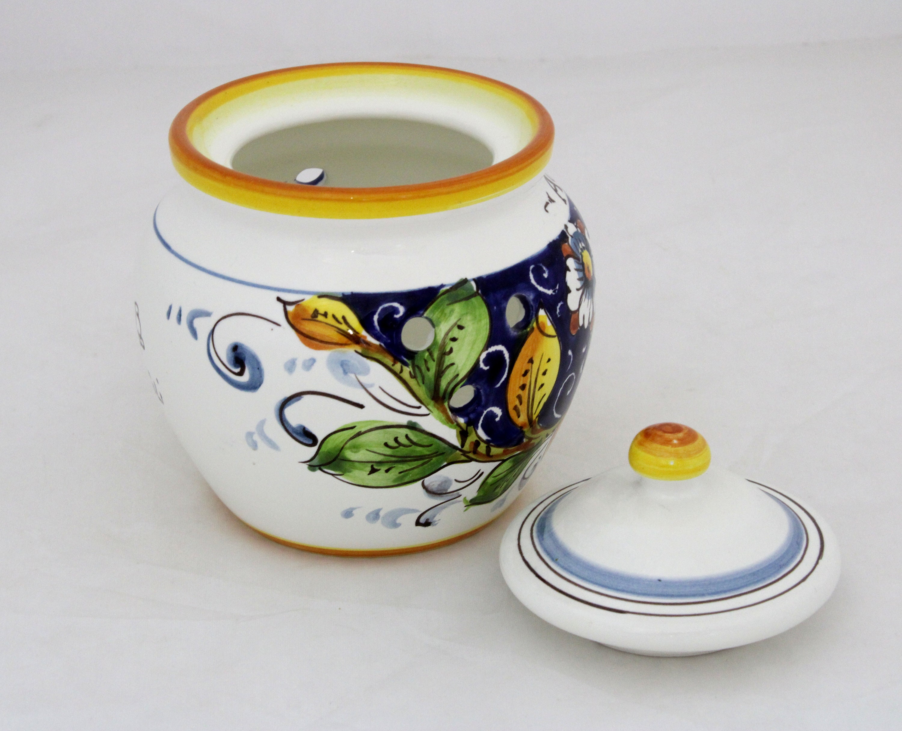 イタリア製陶器製ガーリックジャー「レモンと花」柄 トスカーナ