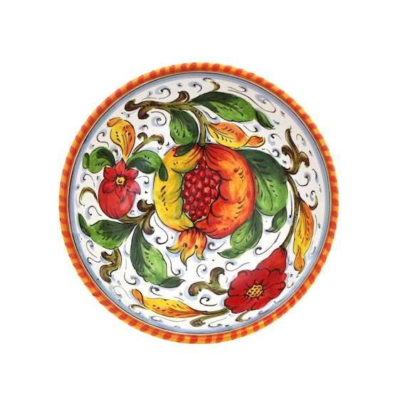 Italian Ceramic Serving Bowl – Pomegranates and Flowers Pattern, Handmade & Hand Painted Italian Pottery, Made in Italy