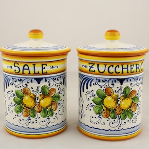 Italian Ceramic salt and sugar jars, kitchen holders little lemons tuscan pattern, artistic pottery