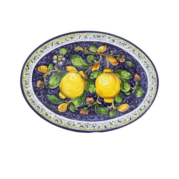 Handmade Italian Ceramic Oval Serving Tray & Wall Plate – Tuscan Lemons and Flowers on Blue, Hand Painted Florentine Pottery, Made in Italy
