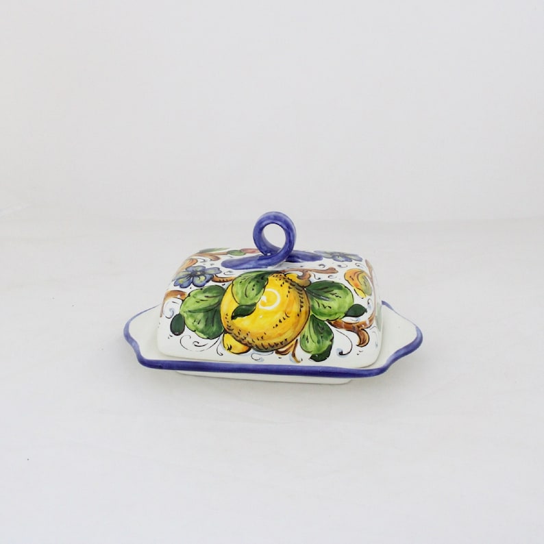 ITALIAN ceramic BUTTER DISH Lemon on white Handpainted in Florence image 1