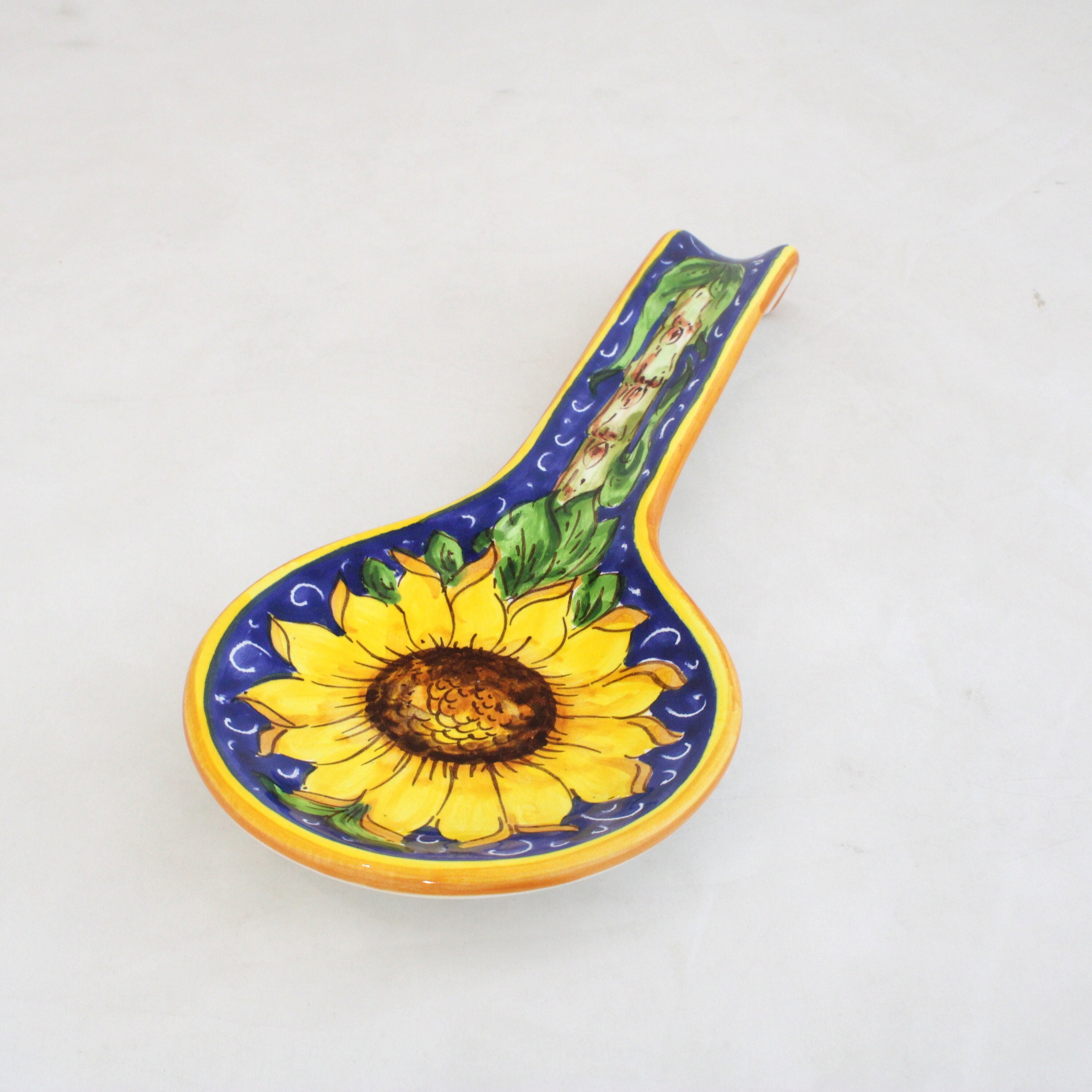 Italian Ceramic Spoon rest Sunflower on blue or red pattern Hand painted Made in Italy