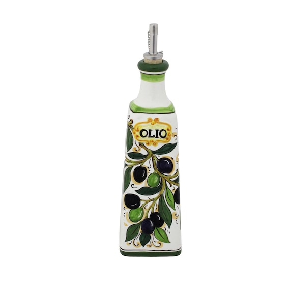 Handgefertigte Olivenölflasche aus Keramik – Muster: Toskanische Oliven – Toskanische Keramik – Küchendekoration – Einzigartiges Ölfläschchen, hergestellt in Italien