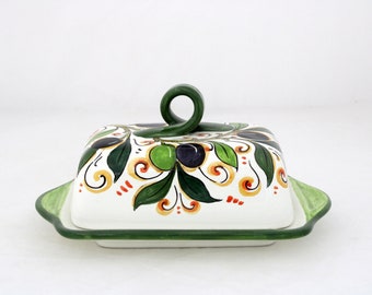 Italian ceramic BUTTER DISH Tuscan pattern Olive Handmade in Florence butter dish Italian pottery