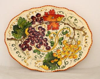 Italian Ceramic serving tray and wall plate, grapes autumn pattern, Handmade in Tuscany