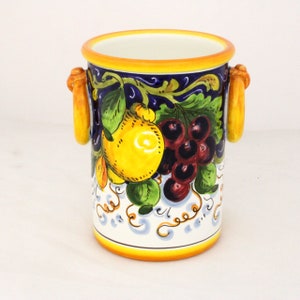 Porta utensilios y enfriador de vino de cerámica italiana hecho a mano, con diseño de frutas toscanas, cerámica florentina pintada a mano.
