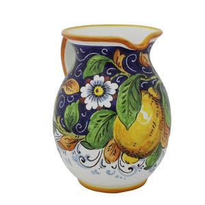 Italian Ceramic Pitcher 1 Liter Lemon on Blue Hand Painted, Handmade Tuscan Wine Water Carafe Made in Italy