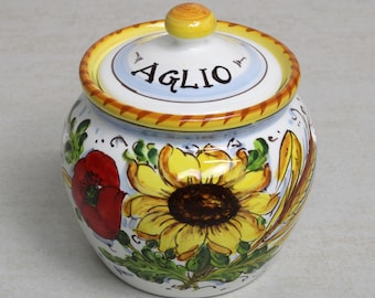 Italian Ceramic Garlic Jar "Sunflower, poppies and wheat" pattern. Tuscan collection Made in Italy garlic holder