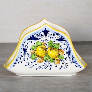 Italian Ceramic Napkin Holder Handpainted "Little lemons" pattern Portatovaglioli Made in Italy