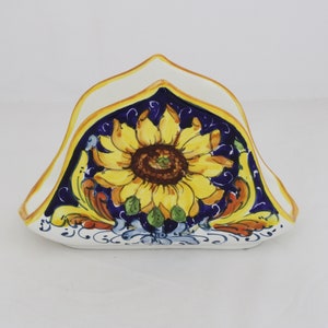 Italian Ceramic Napkin Holder Handpainted Sunflower on Blue Summer on the table