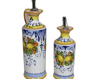 Hand Painted Italian Ceramic Oil Bottle - Floral Artisan Pottery - Tuscan Kitchen Decor Oil Cruet - Unique Housewarming Gift from Italy