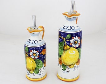 Italian ceramic Oil Cruet Florentine Lemon on blue pattern Tuscan olive oil bottle artistic pottery Cruet