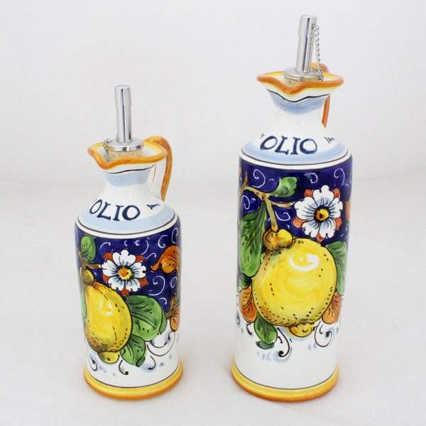 Italian ceramic Oil Cruet Florentine Lemon on blue pattern Tuscan olive oil bottle artistic pottery Cruet