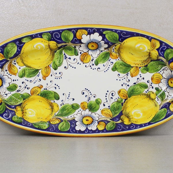 Plateau de service ovale en céramique italienne et assiette murale Citrons toscans sur motif bleu « Made in Italy »