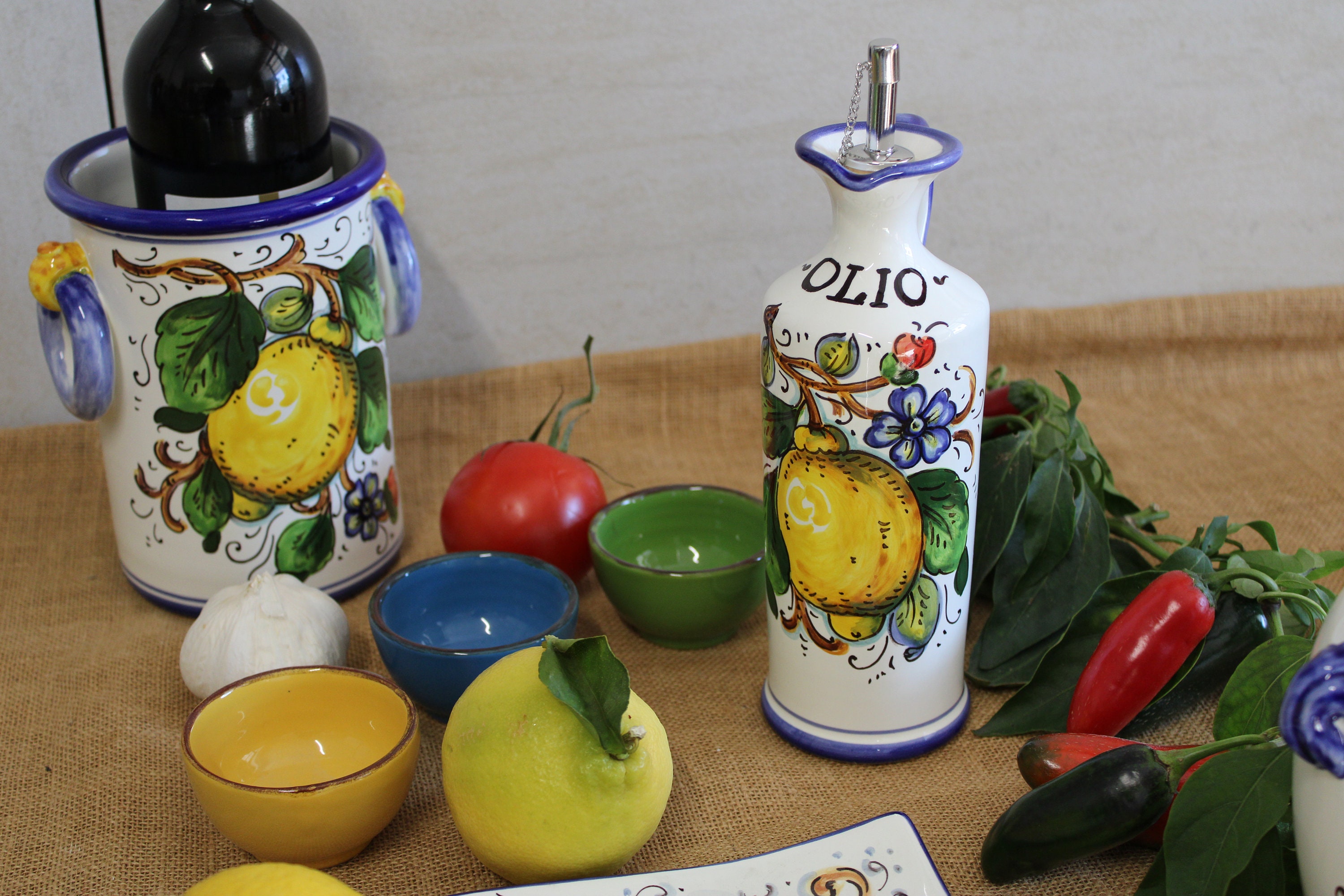 イタリア製セラミックオイルポット - レモンと花柄 - オイルポット