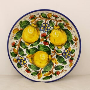 Italian Ceramic Serving Bowl- Centerpiece Lemons and Flowers Tuscan pattern on white Italian Pottery