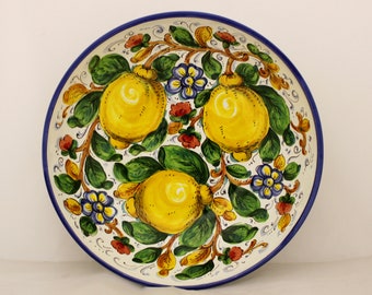 Italian Ceramic Serving Bowl- Centerpiece Lemons and Flowers Tuscan pattern on white Italian Pottery