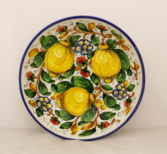 Bol de service en céramique italienne Pièce maîtresse Citrons et fleurs  motif toscan sur poterie italienne blanche -  France