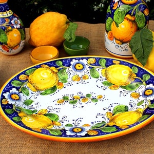 Italian Ceramic Oval Serving Tray and Wall Plate Tuscan lemons and Flowers pattern on blue Italian Lemons